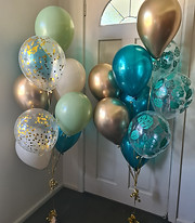 green and gold balloons, eucalyptus balloons, confetti balloons