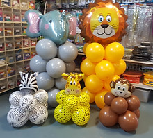 jungle animal tower, jungle animal cluster, elephant balloons, lion balloons, zebra balloons, giraffe balloons, monkey balloons
