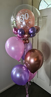 balloon tree, bubblegum balloon, 30th birthday balloon, pink purple and rose gold balloons