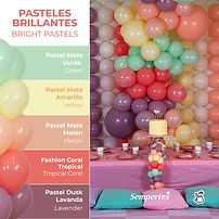 sempertex balloons, pastel matte green, pastel matte yellow, pastel matte melon, fashion tropical coral, pastel dusk lavender