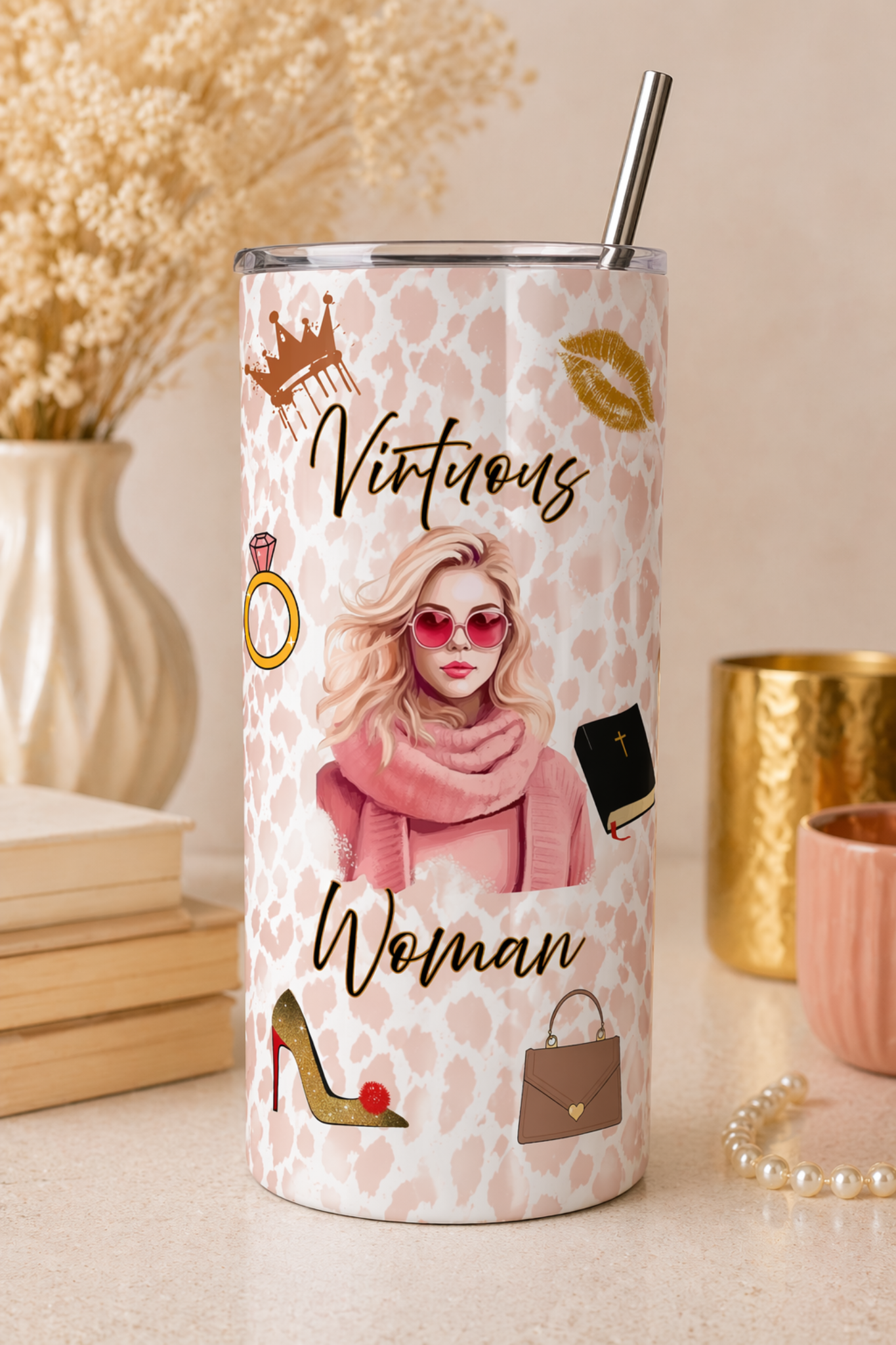 Virtuous Woman Leopard Tumbler — Pink Scarf