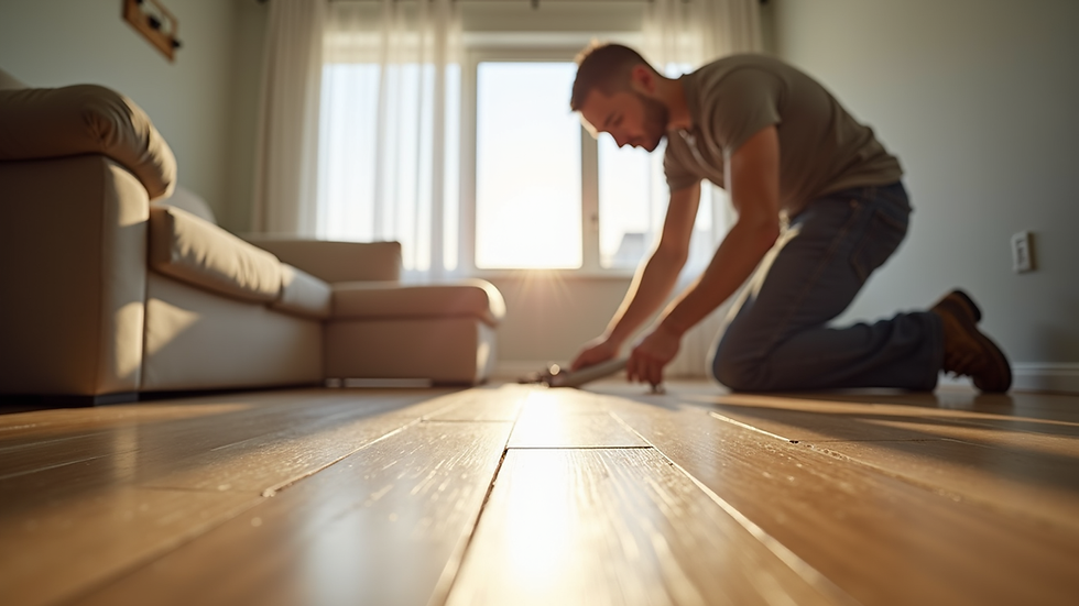 Close-up view of a contractor installing hardwood flooring in a living room
