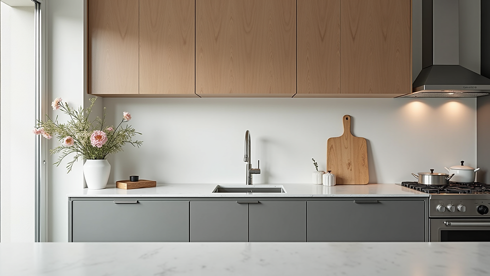 Eye-level view of modern kitchen with quartz countertops and painted cabinets