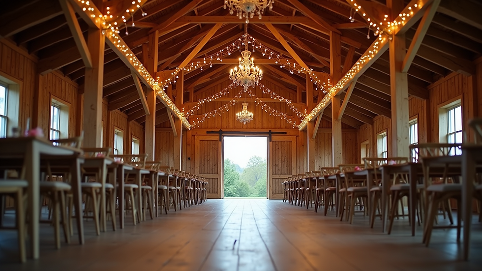Eye-level view of a rustic barn wedding venue with wooden beams and string lights