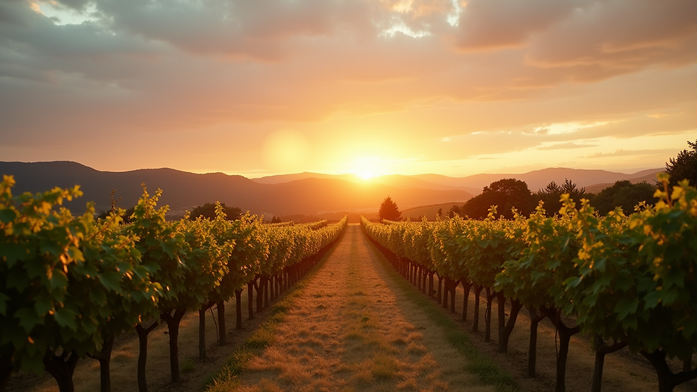Wide angle view of a vineyard wedding venue with rows of grapevines and a sunset sky