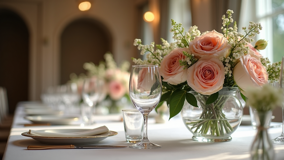 Eye-level view of elegant wedding floral arrangement on a reception table
