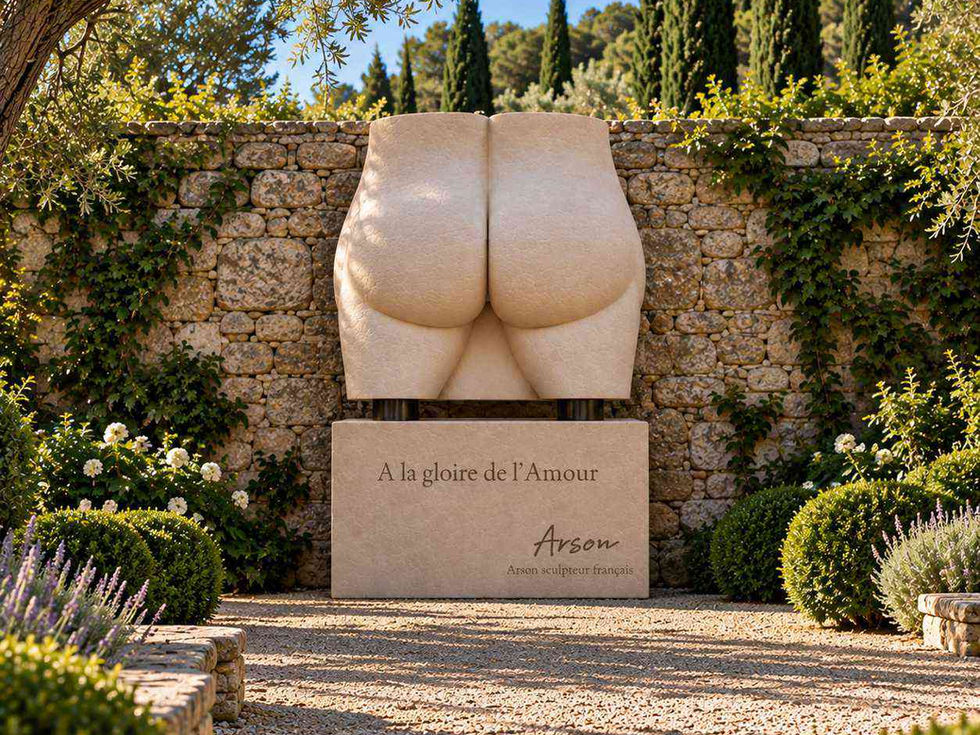 Paola, sculpture femme monumentale en composite ciment-verre, installée dans un jardin au milieu de la végétation