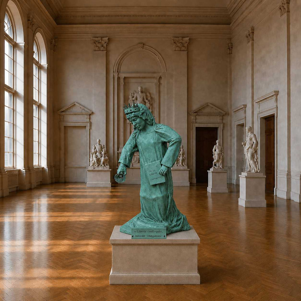 Sculpture contemporaine "L'InLiberté", sculpture d’Arson exposée dans une salle de musée néoclassique.