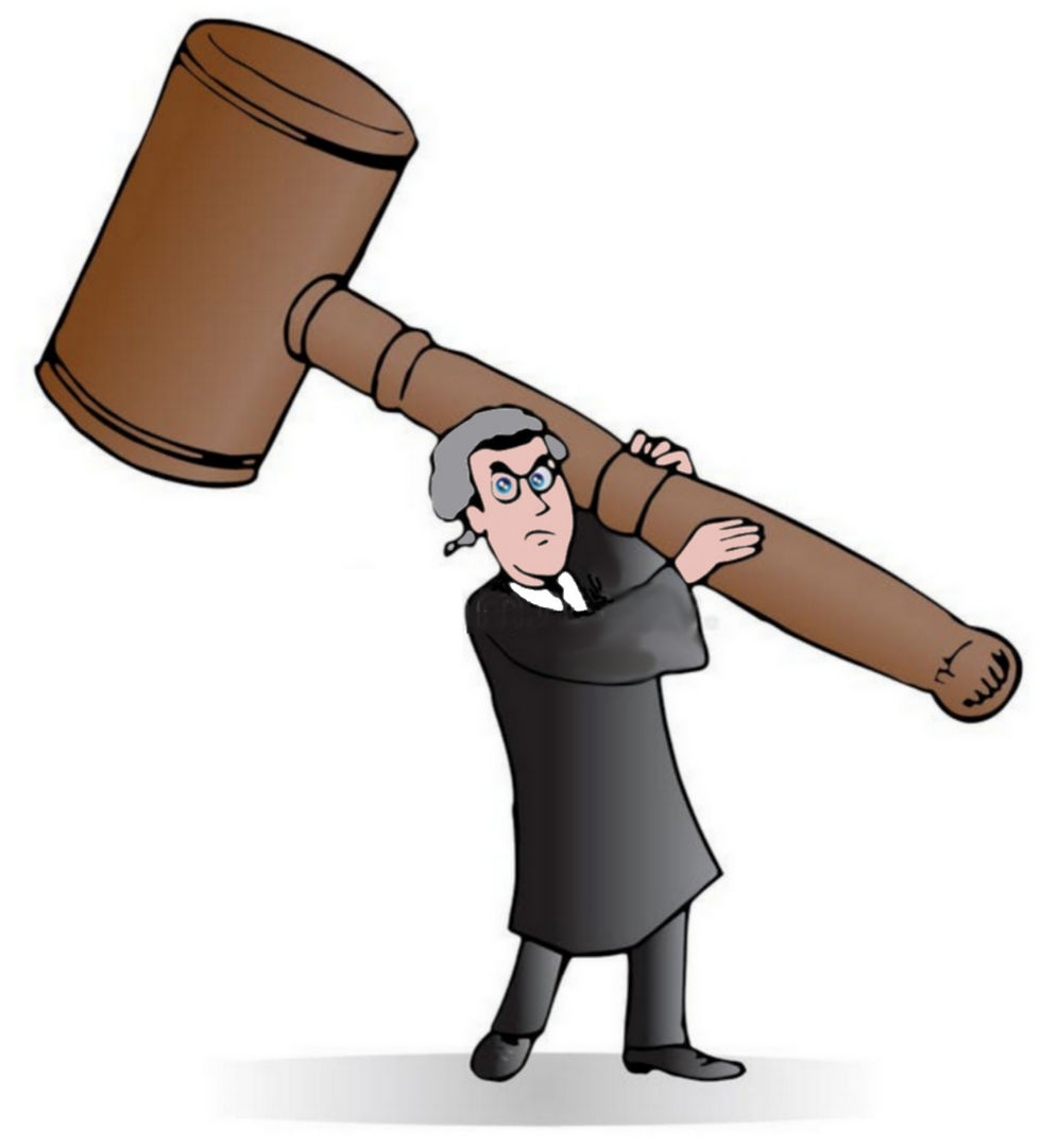 Illustration satirique d’un juge en robe noire, brandissant un marteau de justice surdimensionné pour frappé un prévenu. L’image exagère de manière critique le pouvoir et l’arbitraire attribués à certains juges.