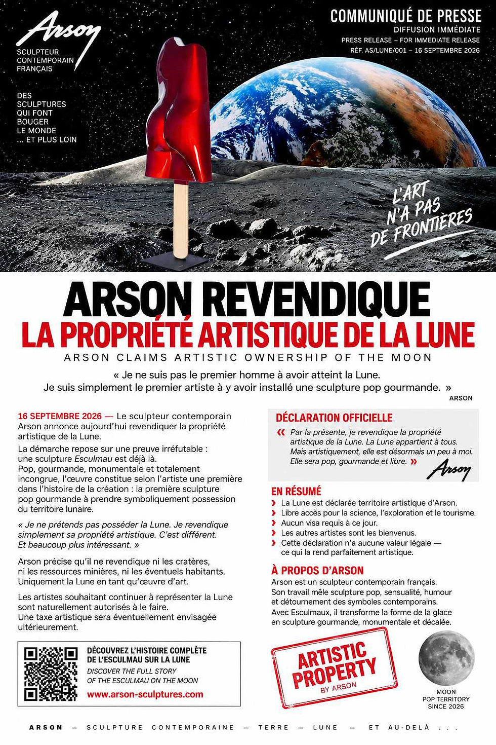 Communiqué de presse officiel d'Arson, sculpteur contemporain français, revendiquant la propriété artistique de sa sculpture installée sur la Lune.