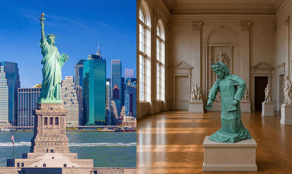 Bartholdi et la statue de la Liberté, face à "l'Inliberté" sculpture contemporaine d'Arson sculpteur francais