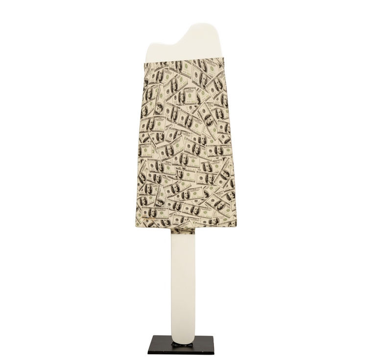 Sculpture pop contemporain résine Esculmau dollar en robe vue derrière - Arson sculptures