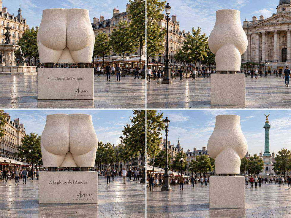 Paola, sculpture femme monumentale en composite ciment-verre, présentée de face, dos, profil et trois-quarts