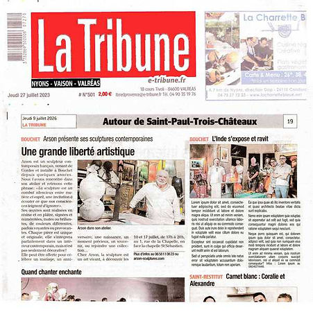 Article de presse consacré à l'ouverture au public de l'atelier du sculpteur contemporain français Arson à Bouchet.