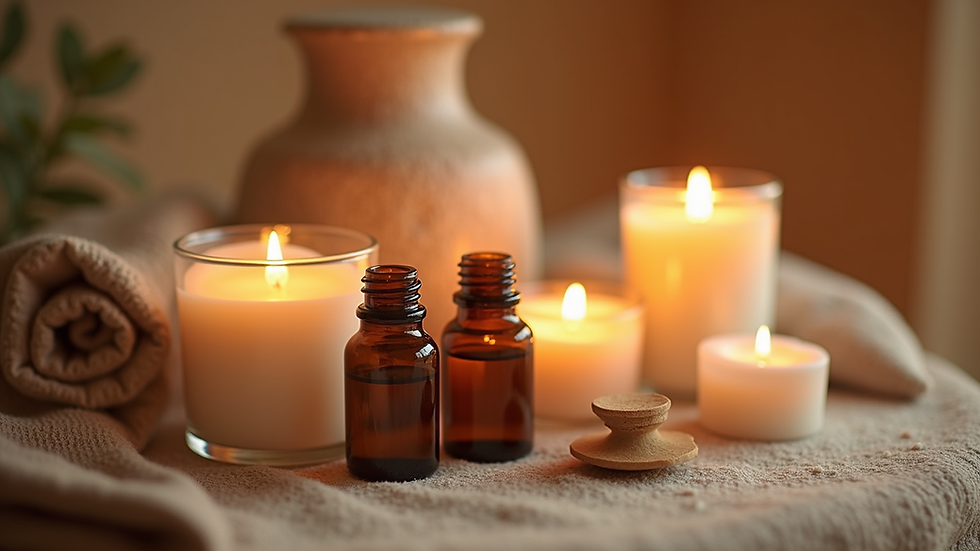 Close-up view of a serene spa setting with essential oils and candles