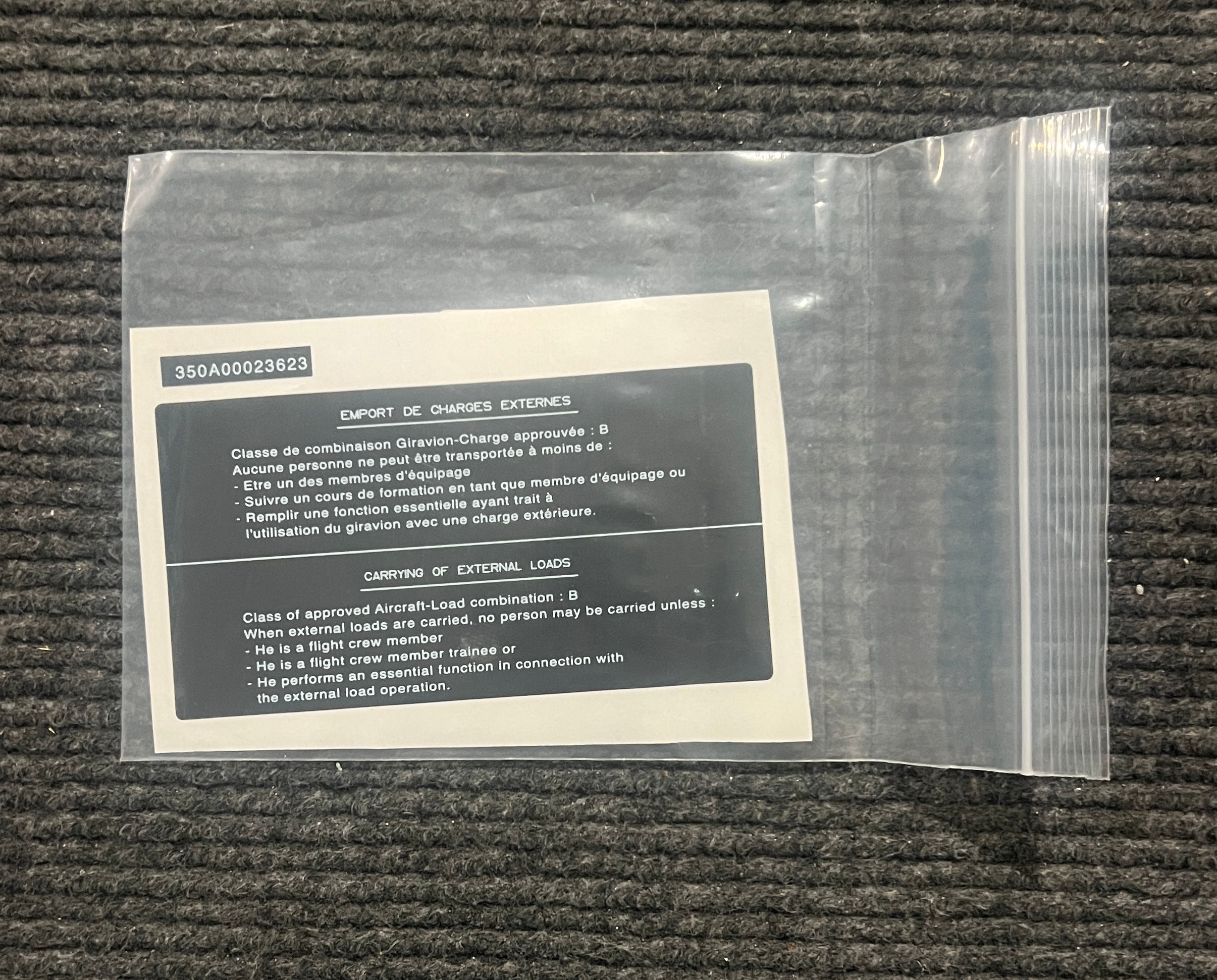 Decal, Plate Name External Loads  P/No: 350A00023623