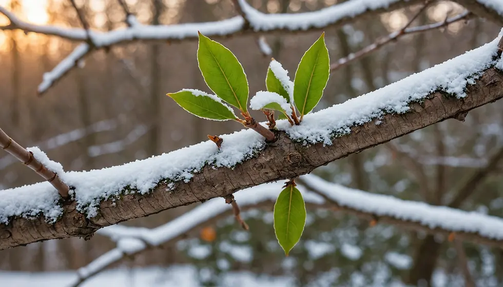 close up of branch with snow
