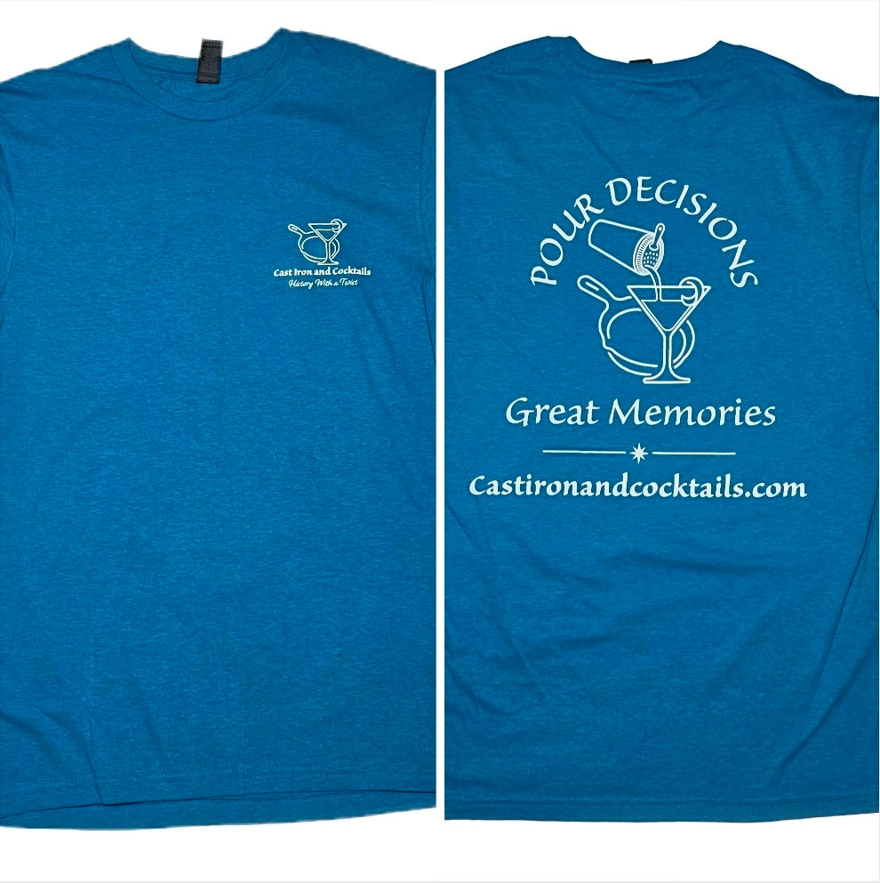 Side by side of the front and back of the Pour Decisions Great Memories Shirt in Sapphire