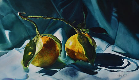 satsumas, turquoise, orange, yellow, watercolor