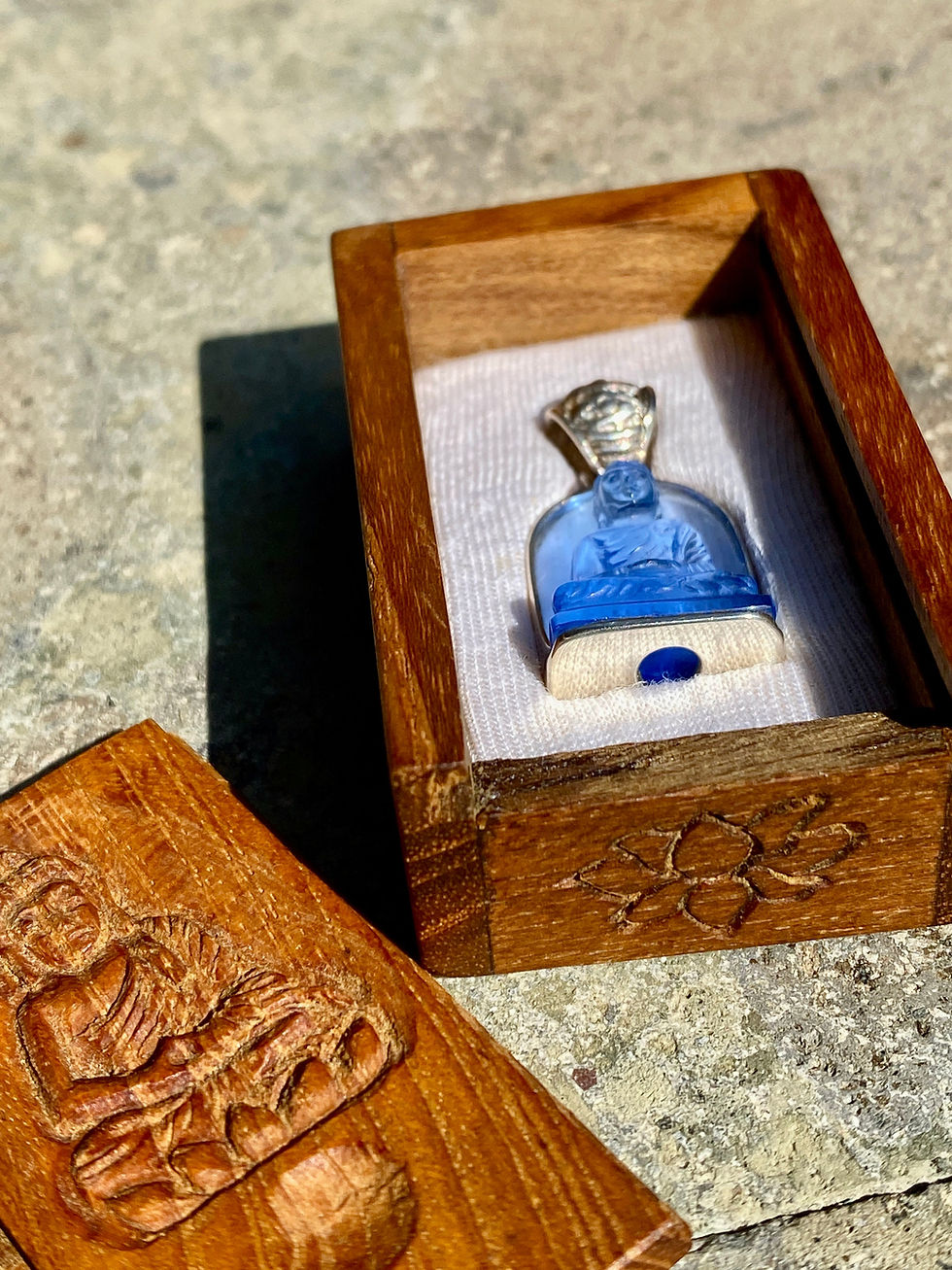 Thumbnail: Hand Carved Siberian Blue Quartz Buddha Pendant: Sterling Silver Amulet