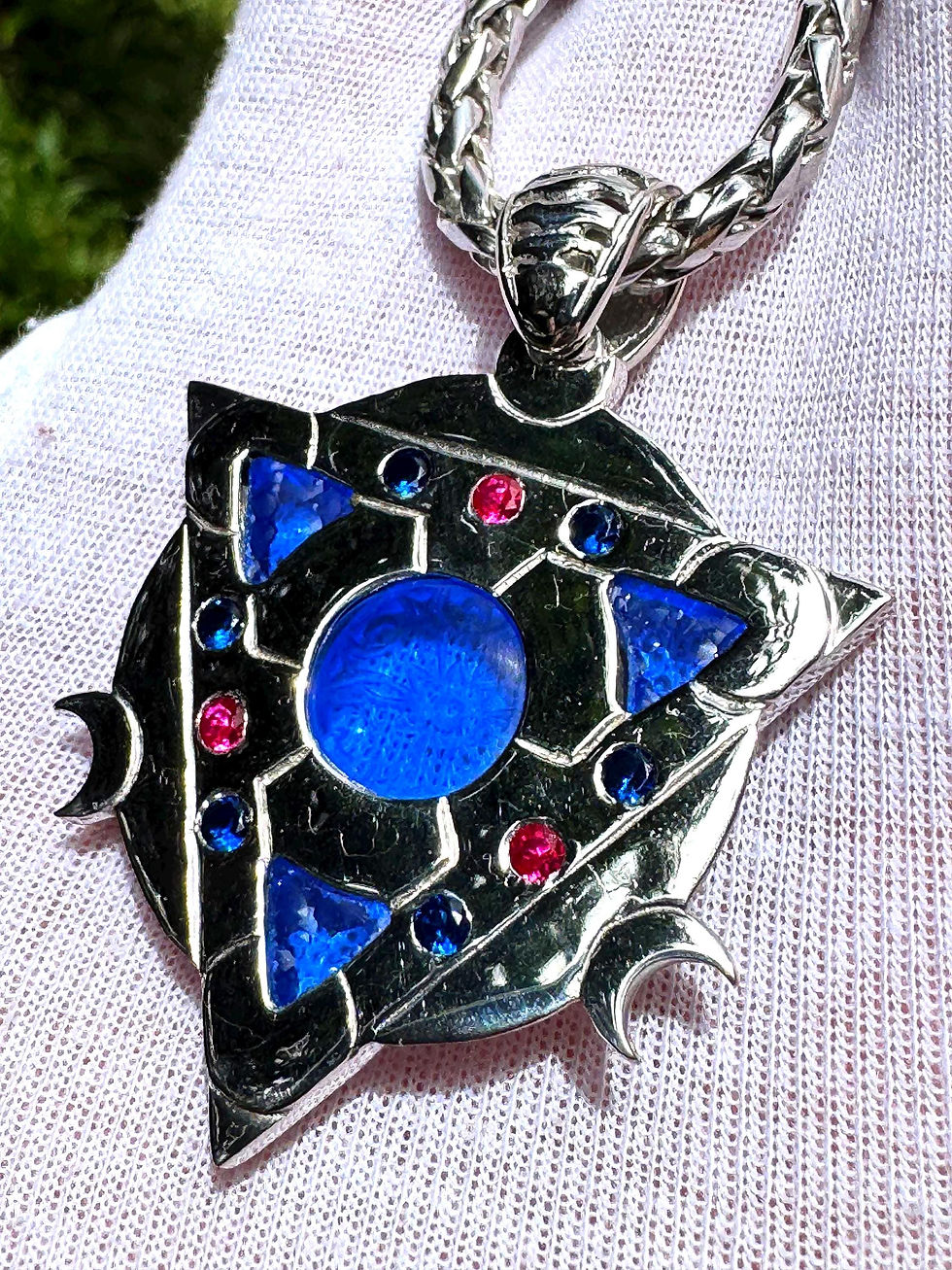 Миниатюра: Siberian Blue Quartz Amulet: Rhodium Sterling Silver Pendant with Sapphires