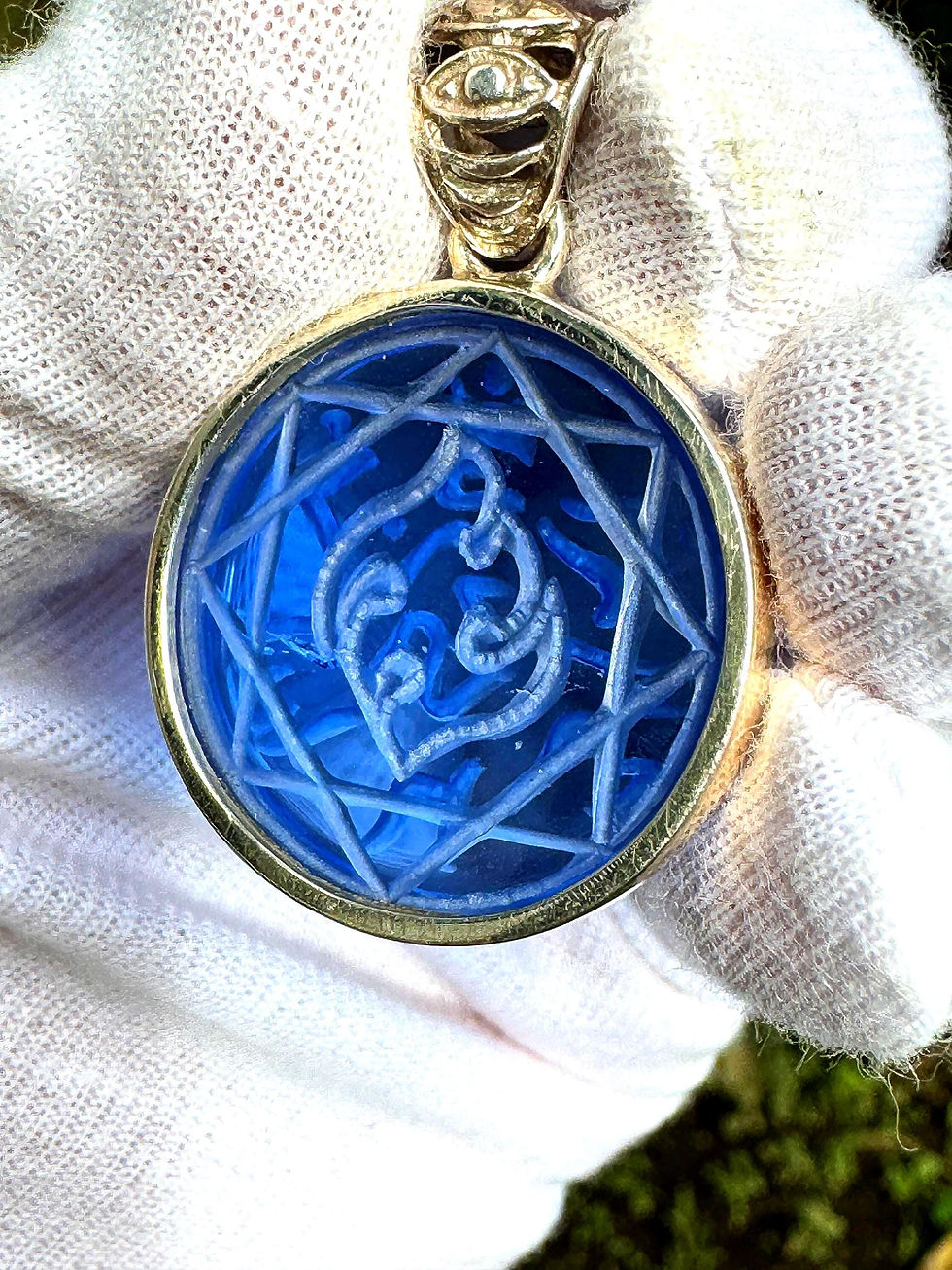 Thumbnail: Hand Carved Guanyin prayer Pendant: Siberian Blue Crystal Bodhisattva Amulet