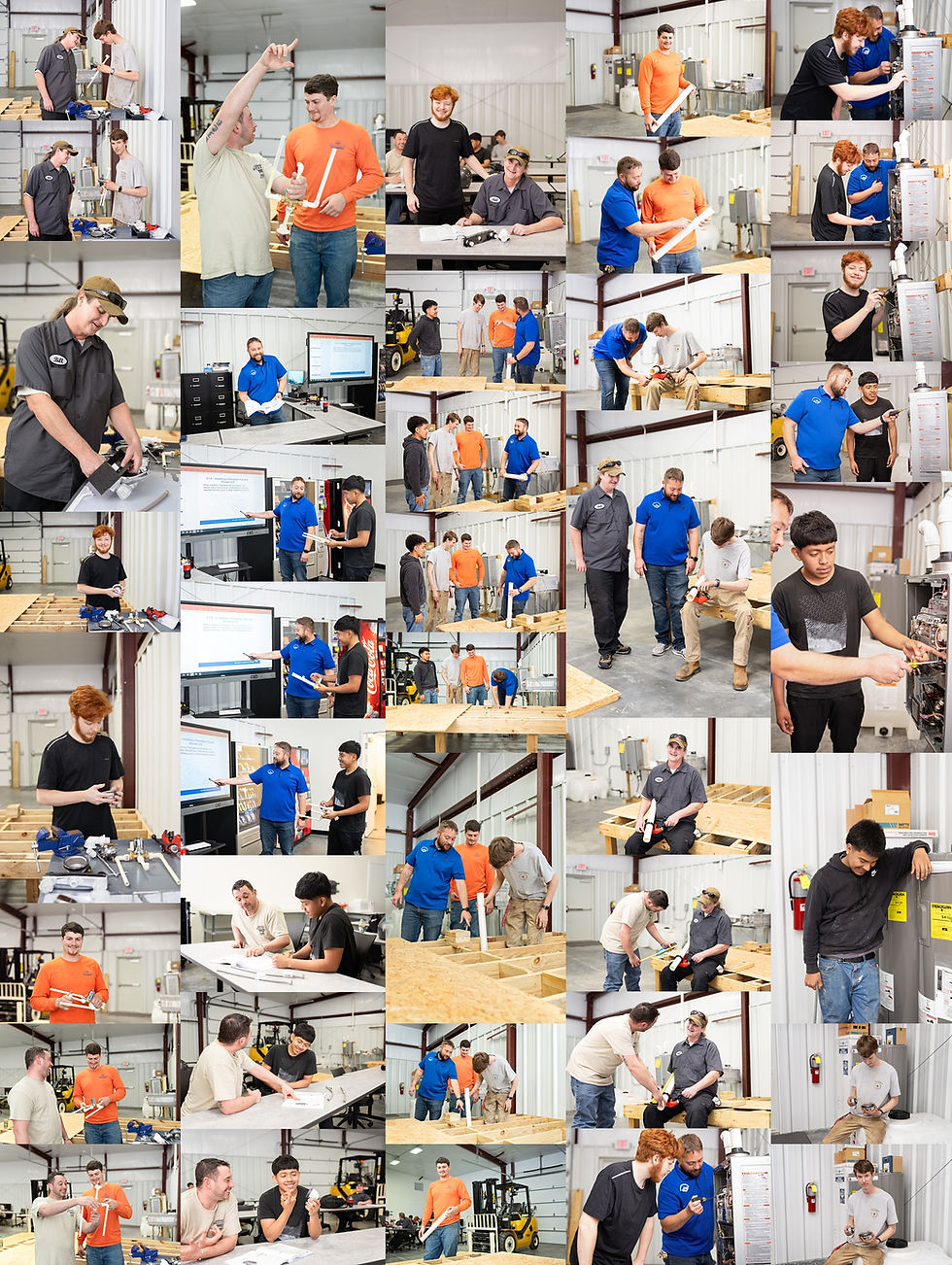 Collage of people in workshop, wearing casual clothes, handling tools, and discussing projects. Bright indoor setting, teamwork-focused.Branding session by commercial photographer Makana Photography, a company located near Pinehurst, Southern Pines, Aberdeen and Sanford
