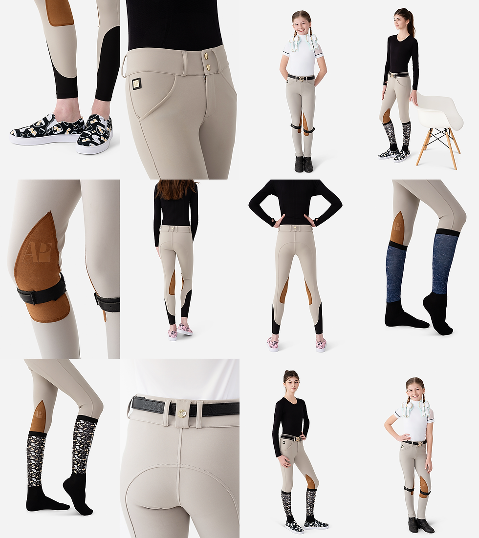 Various people modeling beige equestrian pants with black and brown patches, in a white studio. Details include belts and patterned socks. Apparel photoshoot in Pinehurst, Aberdeen and Southern Pines product photography studio