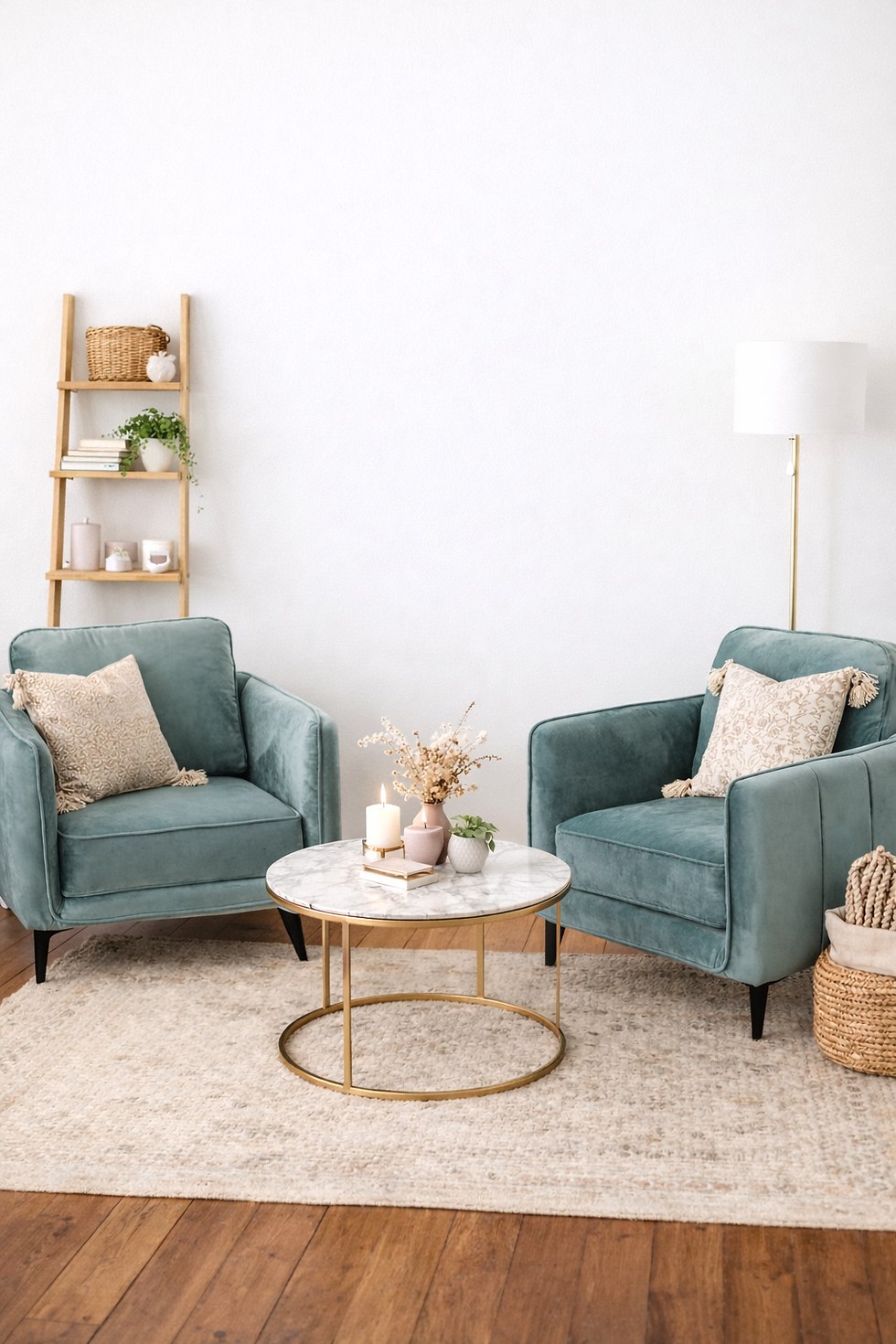 Two teal armchairs with patterned cushions surround a marble coffee table with candles and flowers. Wooden floor, white wall, cozy vibe.