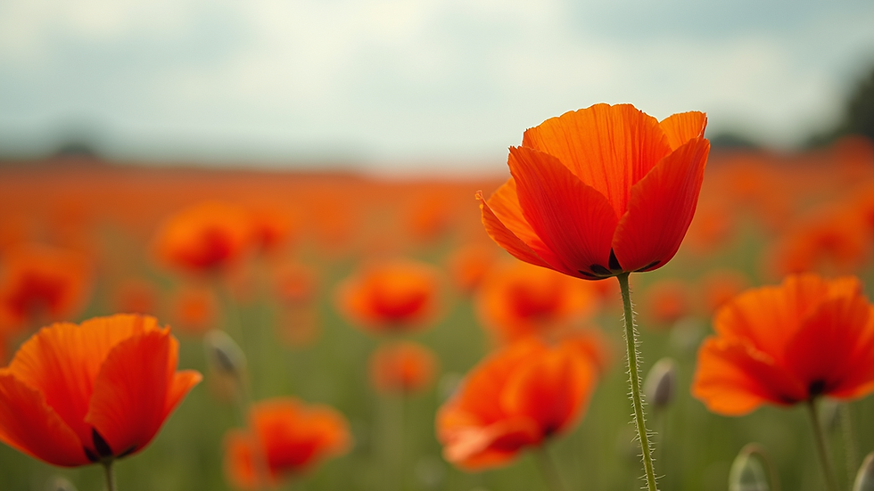 Wide angle view of colorful poppy fields in bloom