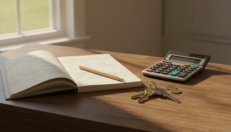Close-up view of a household budget notebook and house keys on a kitchen table.
