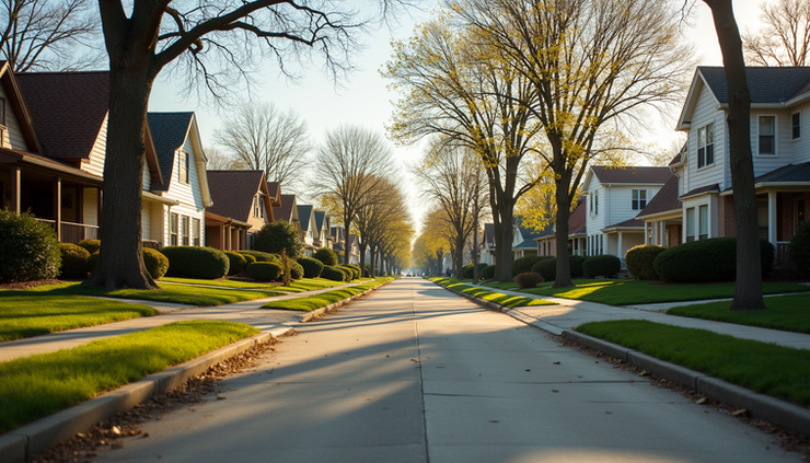 Eye-level view of a charming Kansas City neighborhood street with houses and trees