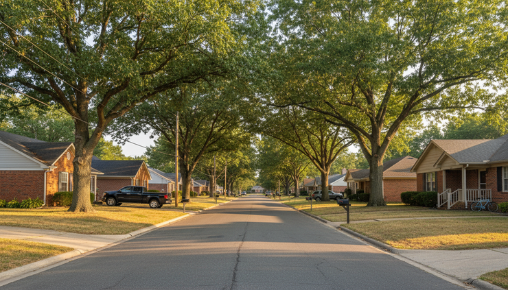 Wide-angle view of a quiet suburban street in late summer.