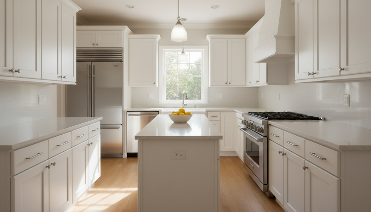 Wide-angle view of a tidy kitchen with clear counters and warm natural light