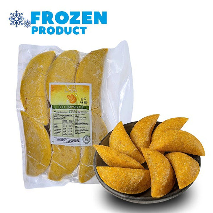 La Sazon frozen vegetarian empanadas in a package, next to a bowl of cooked golden empanadas.