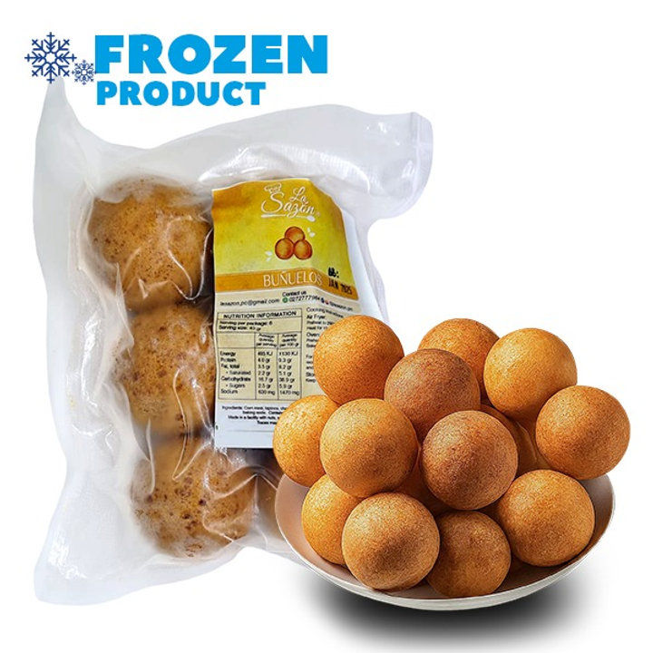 La Sazon frozen buñuelos in packaging, alongside a bowl of golden-fried buñuelos in Auckland NZ.