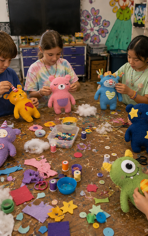 Kids creating diy teddy bears at creativityhood art studio during schoool holidays in town