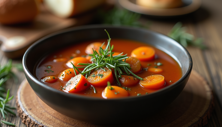 Close-up view of a traditional Irish stew served in a rustic bowl with fresh herbs