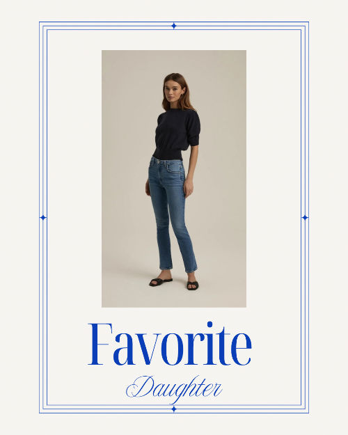 Woman in black top and jeans poses confidently. Beige background. Text reads "Favorite Daughter" in blue. Minimalist design.