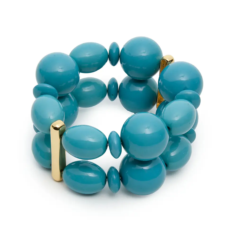 Turquoise beaded bracelet with glossy round and oval beads, gold clasp accents, shown on a white background