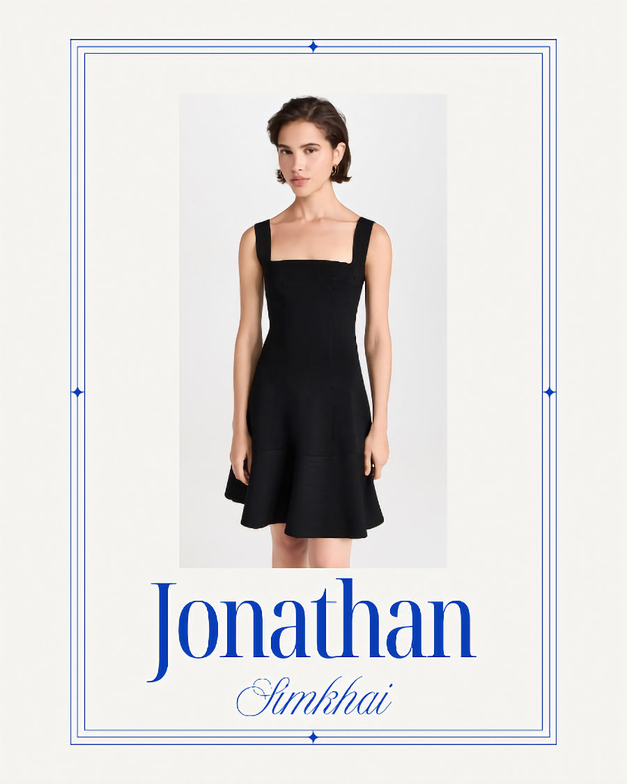 Woman in a black dress poses against a light background. Blue text at the bottom reads "Jonathan Simkhai," framed by a blue border.