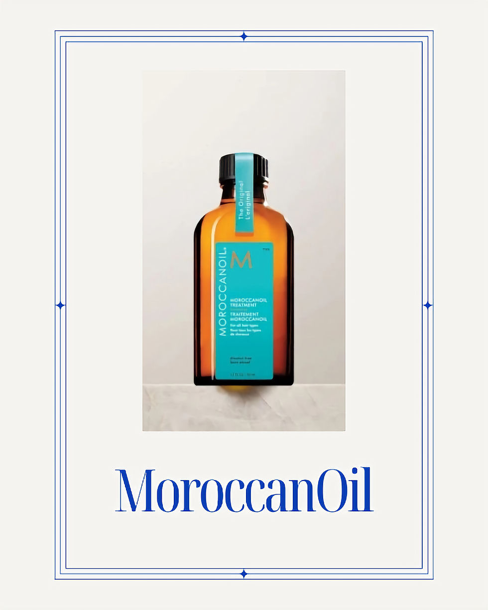 Brown bottle with a blue label of MoroccanOil product placed against a neutral background. Bold "MoroccanOil" text below.