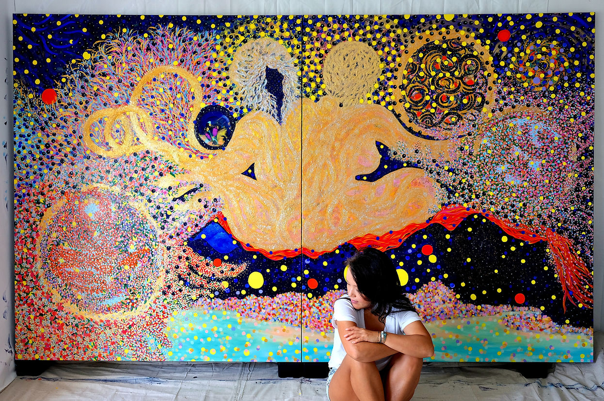 Vibrant colorful yellow red midnight blue floral abstract figurative mixed media painting painting by MINIA D.