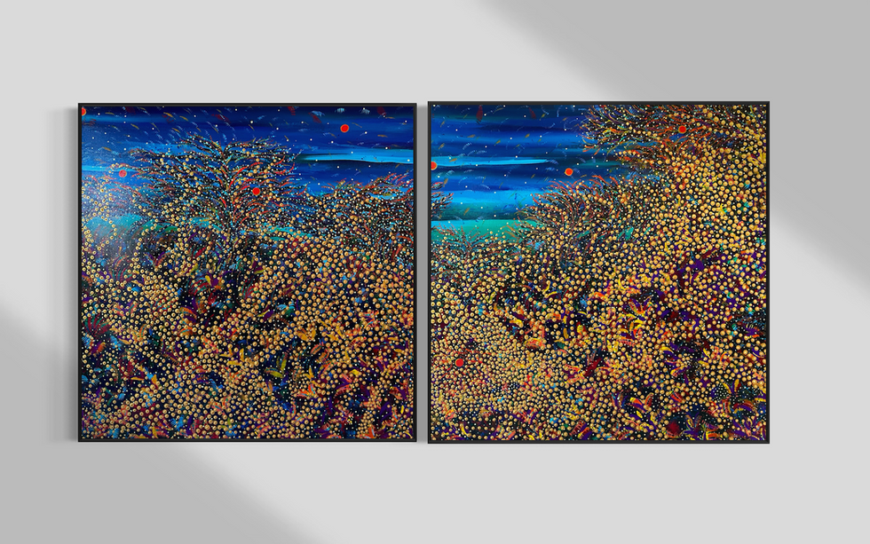 by MINIA D.

2025

Series : Fusions (2023 – Present (Open & Ongoing)

Acrylic on linen canvas
Diptych 
2 x (37 x 37 x 1.5 in)
2 x (92 x 92 x 2.5 cm)
Bronze Metal frames

Available