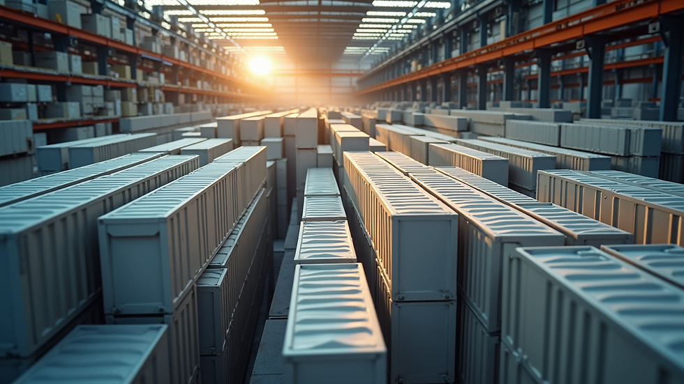 High angle view of modular building components stacked at a factory