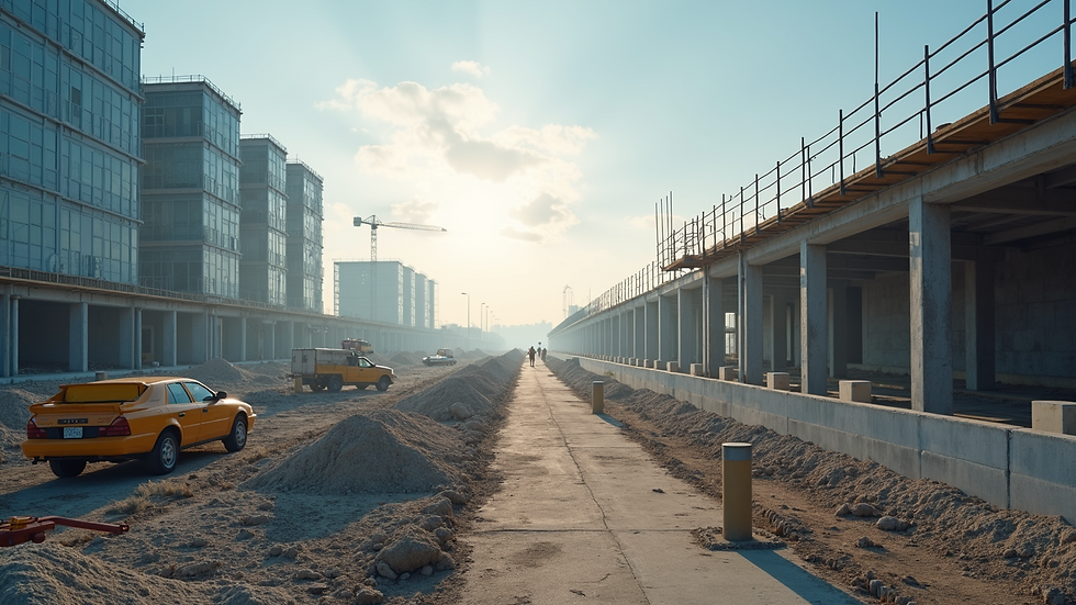 Wide angle view of construction site with developing infrastructure