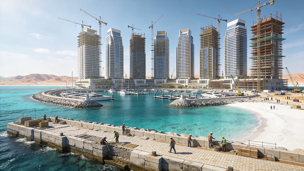 Luxury coastal marina under construction with high-rise hotel towers, yacht berths, and waterfront promenade development, highlighting Red Sea tourism infrastructure, superyacht harbour engineering, and premium hospitality real estate projects. Image is an artistic expression.