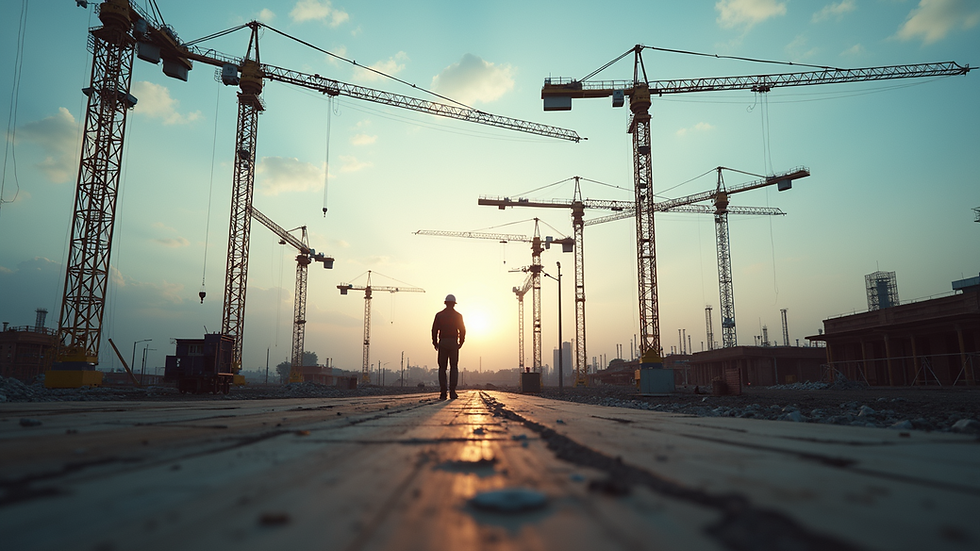 Eye-level view of a construction site with cranes and workers