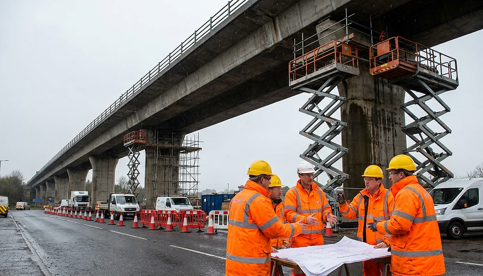Engineers in hi-vis assessing a UK motorway viaduct during structural renewal works