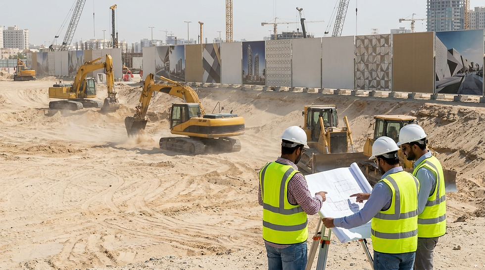 Early works construction site with excavators preparing land for a mixed use development in Sharjah